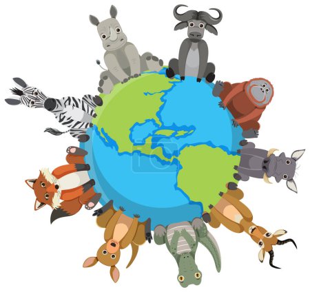 Ilustración de Dibujos animados vectoriales ilustración de animales salvajes sentados en una esfera - Imagen libre de derechos