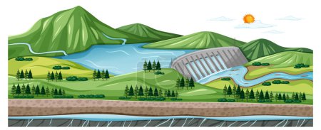 Illustration for A scenic countryside panorama featuring a mountain river dam - Royalty Free Image