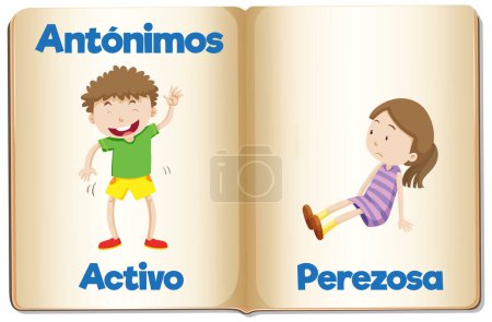 Illustration for Learn Spanish with cartoon illustrations of active and lazy characters - Royalty Free Image
