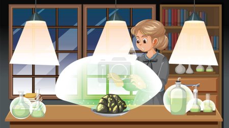 Illustration for Marie Curie using uranium radioactivity for experiments in laboratory - Royalty Free Image