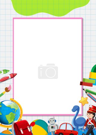 Téléchargez les illustrations : Illustration vectorielle de jouets pour enfants disposés sur un carnet avec des lignes, formant un gabarit de cadre de bordure - en licence libre de droit