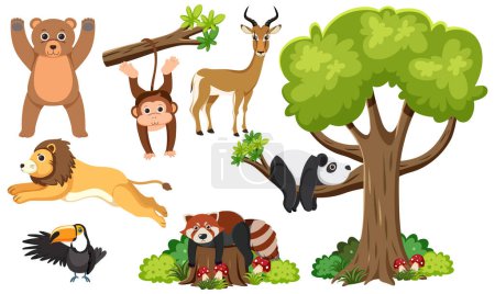 Téléchargez les illustrations : Illustration vectorielle colorée de style dessin animé mettant en vedette divers animaux sauvages et un arbre - en licence libre de droit