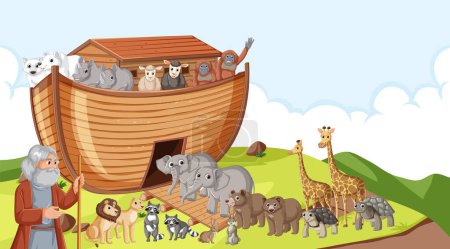 Illustration pour Noé rassemble des animaux sur l'Arche dans cette histoire biblique - image libre de droit