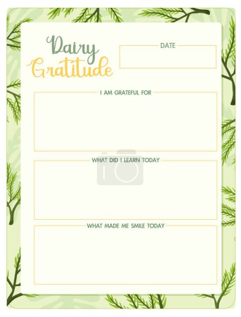 Illustration for A vector cartoon illustration of a gratitude diary template with a green background and tree leaves - Royalty Free Image