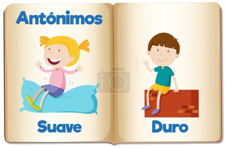 Illustration for A vector cartoon illustration of soft and hard antonyms in Spanish - Royalty Free Image