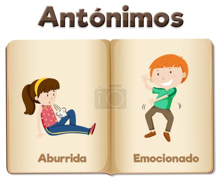 Téléchargez les illustrations : Carte de mots illustrée en espagnol avec antonymes Aburrida et Emocionado - en licence libre de droit