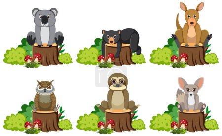 Téléchargez les illustrations : Illustration vectorielle de dessins animés d'animaux assis sur un tronc d'arbre entouré de buissons - en licence libre de droit