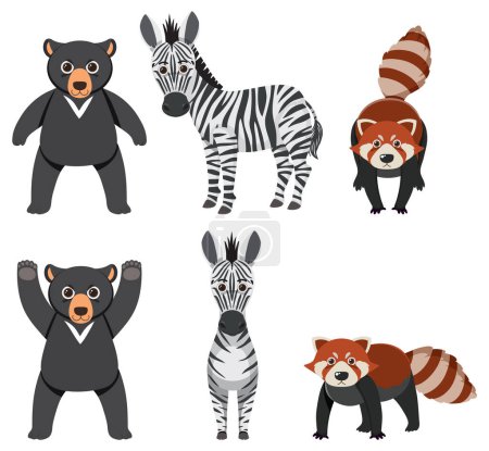 Ilustración de Ilustración de un grupo de osos, cebra y panda rojo en un sencillo estilo de dibujos animados - Imagen libre de derechos