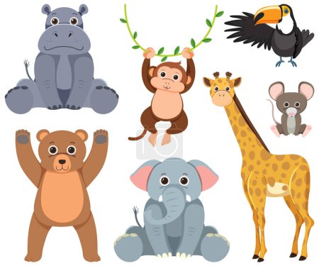 Téléchargez les illustrations : Un groupe d'animaux sauvages représenté dans une illustration de dessin animé simple - en licence libre de droit