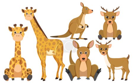 Ilustración de Ilustración de dibujos animados vectoriales con una jirafa, canguro y ciervo en un estilo simple - Imagen libre de derechos