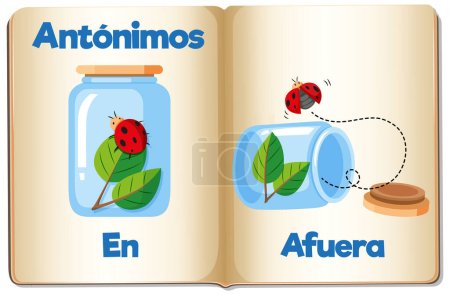 Téléchargez les illustrations : Carte de mots illustrée avec antonymes en espagnol signifie entrée et sortie - en licence libre de droit