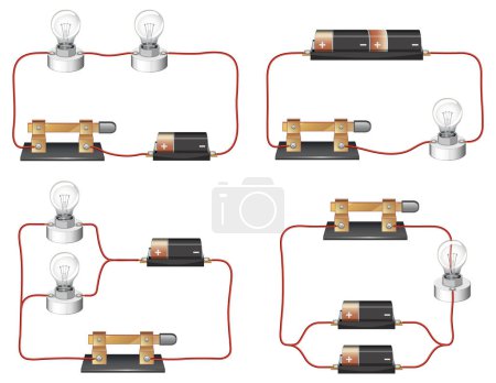 Illustration for Illustrated infographic showcasing a circuit diagram with batteries and a light bulb - Royalty Free Image