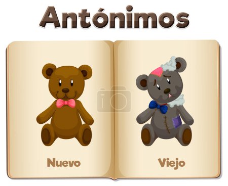 Téléchargez les illustrations : Illustration vectorielle d'une carte de mots en espagnol affichant les antonymes 'nuevo' (nouveau) et 'viejo' (ancien)) - en licence libre de droit