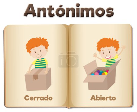 Téléchargez les illustrations : Carte de mots illustrée avec antonymes en espagnol signifie proche et ouvert - en licence libre de droit