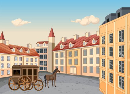 Téléchargez les illustrations : Une charmante place de la ville européenne avec un bâtiment historique et une calèche - en licence libre de droit