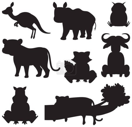 Téléchargez les illustrations : Un groupe d'animaux sauvages représenté dans une illustration de dessin animé de silhouette simple - en licence libre de droit