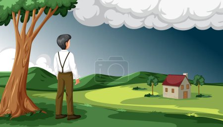 Téléchargez les illustrations : Un homme se tient sous un arbre, regardant une maison dans une zone rurale sereine entourée d'arbres et de montagnes par temps couvert - en licence libre de droit