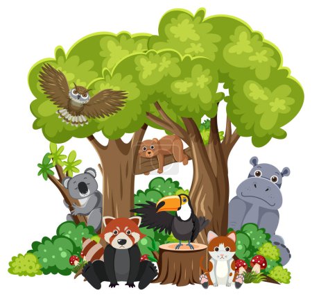 Ilustración de Una reunión armoniosa de varios animales salvajes viviendo juntos bajo un árbol - Imagen libre de derechos