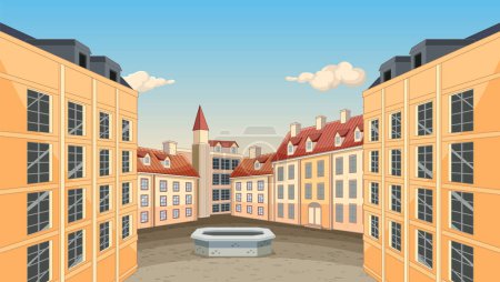 Illustration for A vibrant cartoon illustration of a European city square with historical buildings - Royalty Free Image