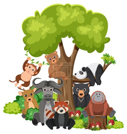 Téléchargez les illustrations : Divers animaux sauvages coexistent harmonieusement sous un arbre - en licence libre de droit