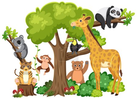 Ilustración de Animales salvajes viviendo felices juntos en un bosque de dibujos animados vectoriales - Imagen libre de derechos