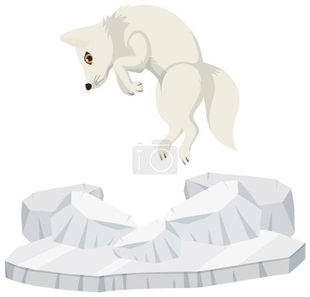 Téléchargez les illustrations : Un renard blanc saute sur une banquise, illustrant l'impact du réchauffement climatique - en licence libre de droit