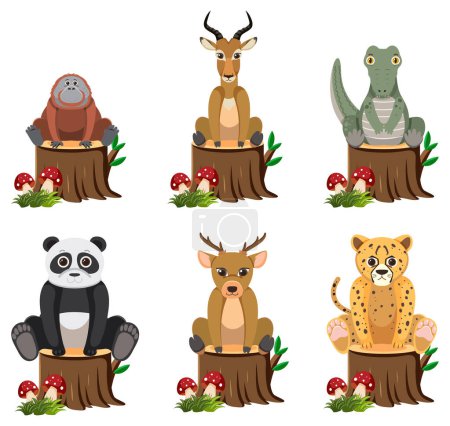 Téléchargez les illustrations : Illustration vectorielle de dessins animés d'animaux sauvages perchés sur un tronc d'arbre - en licence libre de droit