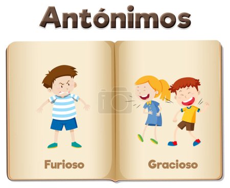 Illustration for Illustrated word cards in Spanish for teaching antonyms furious and funny - Royalty Free Image