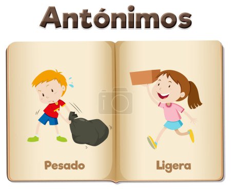 Illustration for Illustrated picture cards in Spanish for teaching the concepts of heavy and light - Royalty Free Image