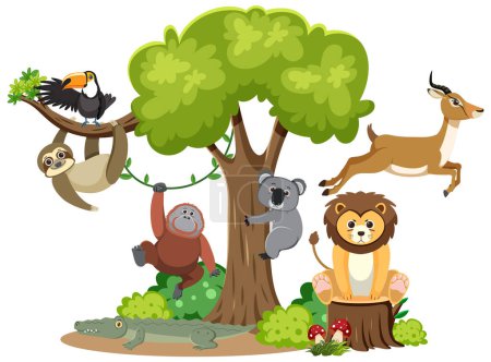 Ilustración de Animales salvajes que viven en el bosque viviendo juntos en perfecta armonía - Imagen libre de derechos