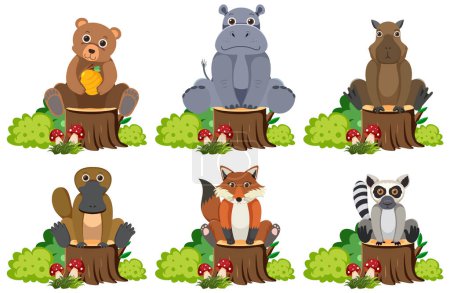 Illustration for Vector cartoon illustration of animals sitting on a tree stump surrounded by a bush - Royalty Free Image
