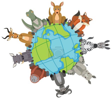 Illustration for Vector cartoon illustration of wild animals on a sphere - Royalty Free Image