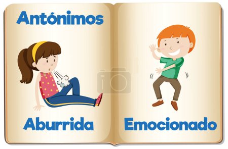 Téléchargez les illustrations : Carte illustrée en espagnol représentant les antonymes 'aburrida' (ennuyé) et 'emocionado' (excité) à des fins éducatives - en licence libre de droit