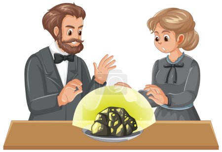 Illustration for An illustrated cartoon of Marie Curie and Pierre Curie, the pioneers of uranium - Royalty Free Image