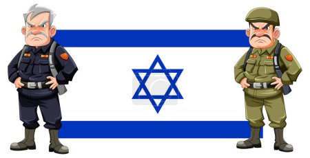 Illustration of a proud Israeli soldier standing beside the national flag