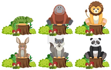 Illustration for Vector cartoon illustration of animals sitting on a tree stump surrounded by a bush - Royalty Free Image