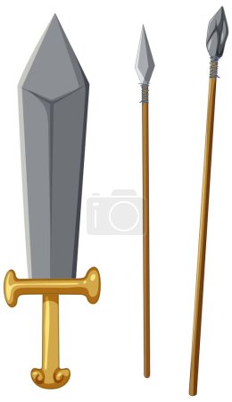 Ilustración de Un conjunto de armas antiguas que incluyen una espada y lanzas representadas en un estilo de ilustración de dibujos animados vectoriales - Imagen libre de derechos
