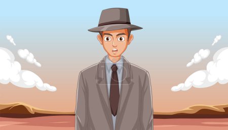 Illustration d'un jeune Robert Oppenheimer en costume au site d'essai Trinity