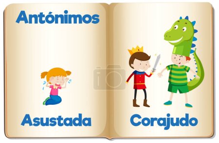 Illustration for Illustrated word cards in Spanish for education, featuring antonyms Asustada (afraid) and Corajudo (brave) - Royalty Free Image