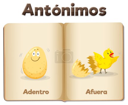 Illustration for Vector cartoon illustration of antonym word card in Spanish means inside and outside - Royalty Free Image