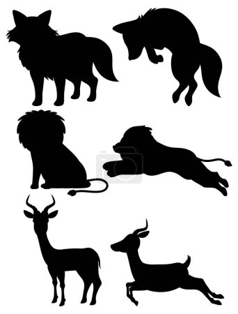 Téléchargez les illustrations : Une collection d'illustrations vectorielles de dessins animés représentant des silhouettes d'animaux sauvages - en licence libre de droit