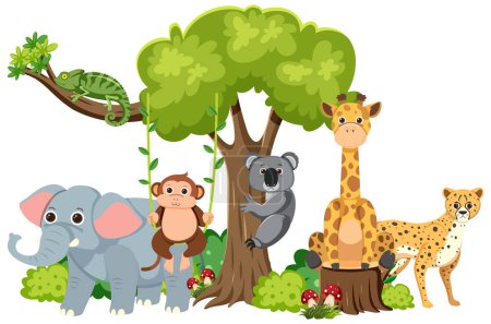 Ilustración de Animales salvajes viviendo juntos felizmente en un bosque aislado - Imagen libre de derechos