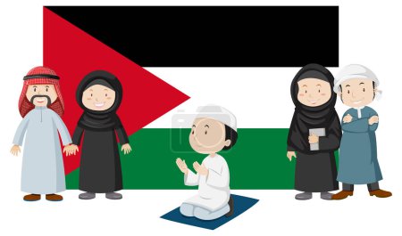 Téléchargez les illustrations : Illustration d'un personnage de bande dessinée musulman et arabe sur un drapeau palestinien - en licence libre de droit