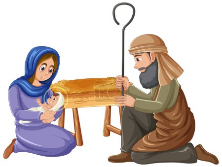 Ilustración de Una conmovedora ilustración de dibujos animados de María dando a luz a Jesús, con José apoyándola - Imagen libre de derechos