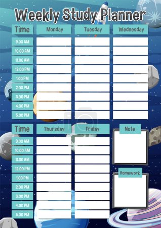 Illustration for Weekly lesson plan template with hourly schedule on an outer space planet background - Royalty Free Image