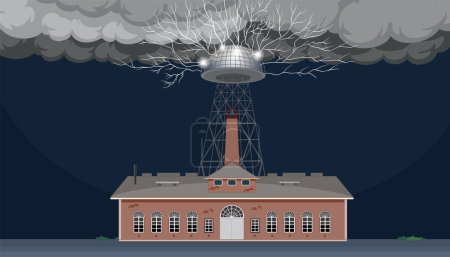 Illustration for An illustrated depiction of Nikola Tesla's magnifying transmitter experiment - Royalty Free Image
