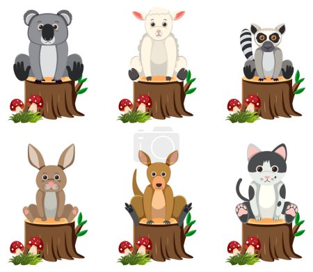 Téléchargez les illustrations : Illustration vectorielle de dessins animés de divers animaux sauvages assis sur une souche d'arbre - en licence libre de droit