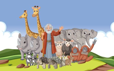 Illustration for A vibrant cartoon illustration depicting a group of wild animals in the biblical story of Noah - Royalty Free Image