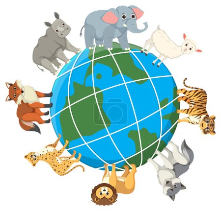 Téléchargez les illustrations : Illustration vectorielle de dessins animés d'animaux sauvages debout ensemble dans le monde entier - en licence libre de droit
