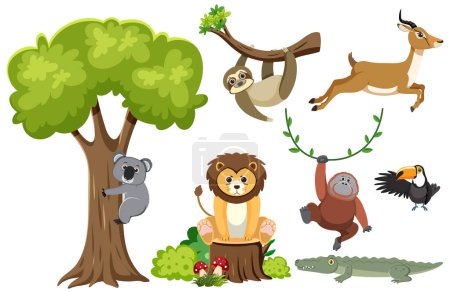 Téléchargez les illustrations : Illustration colorée de dessins animés de divers animaux sauvages entourés d'un arbre - en licence libre de droit